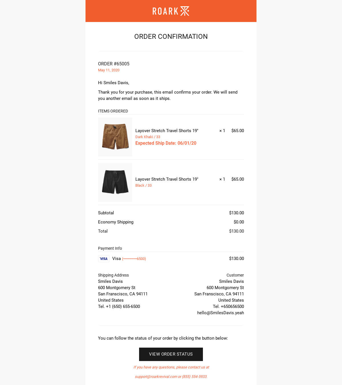 Order confirmation email by Roark