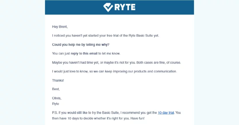 Personalized message of a win-back email campaign from Ryte