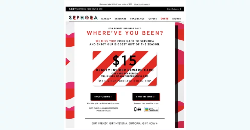 Short and to-the-point win-back email example of Sephora