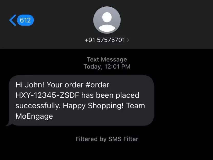 An example of a personalized text message with an order update