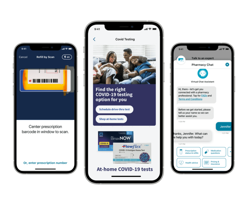 Mobile devices showing features of the Walgreens app experience