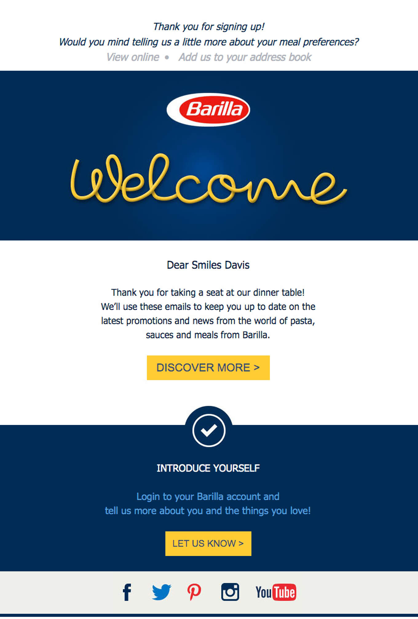 welcome email by Barilla