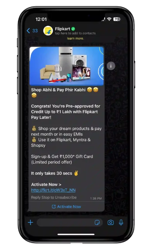 A mobile phone displaying a WhatsApp advertising message from Flipkart