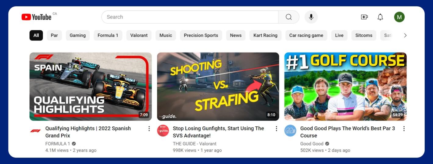 Example of YouTube personalized content recommendations